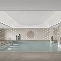 Modern Indoor Swimming Pool Interior With Lounge Chairs Decorative Wall Pattern And Columns 3d model