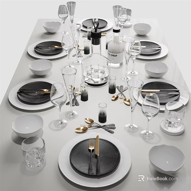 Elegant Modern Dinnerware Set With Black White Gray Plates Bowls Glasses And Gold Cutlery 3d model 