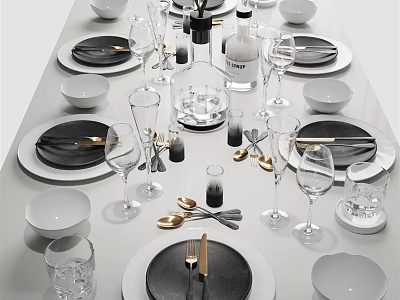 Elegant Modern Dinnerware Set With Black White Gray Plates Bowls Glasses And Gold Cutlery 3d model