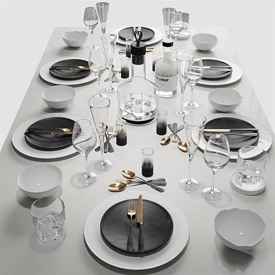 Elegant Modern Dinnerware Set With Black White Gray Plates Bowls Glasses And Gold Cutlery 3d model
