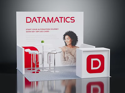 Datamatics Exhibition Booth Featuring Automation Journey Top IT Solutions White Red Design 3d model