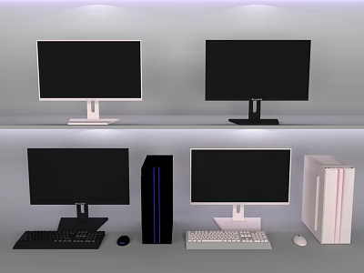 Modern Computer Monitors With Desktop PC Towers Keyboards And Mice Setup 3d model