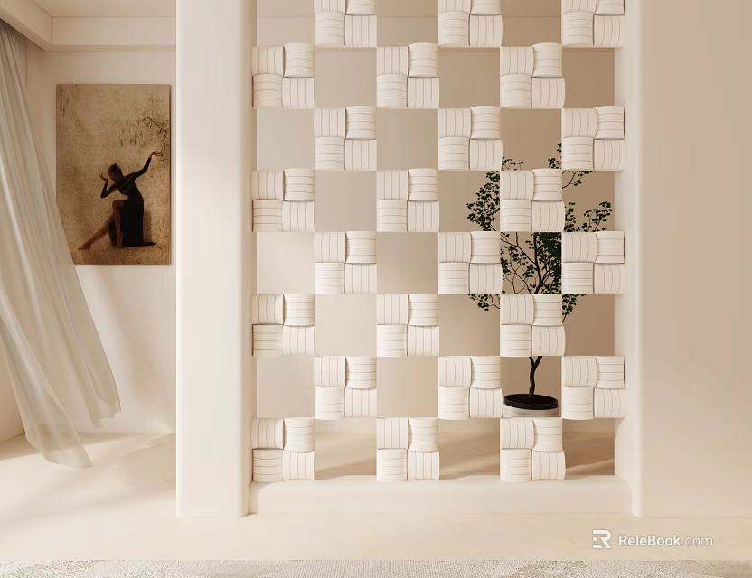 White Geometric Pattern Room Divider in Modern Interior With Small Tree and Curtain 3d model 