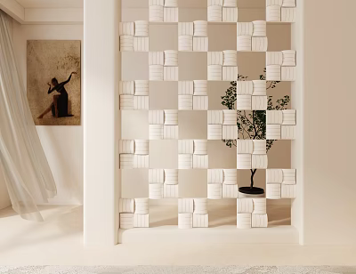 White Geometric Pattern Room Divider in Modern Interior With Small Tree and Curtain 3d model