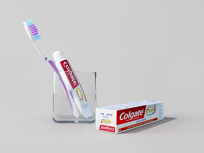 Essential Bathroom Accessories With Colgate Toothpaste Toothbrush And Transparent Cup 3d model