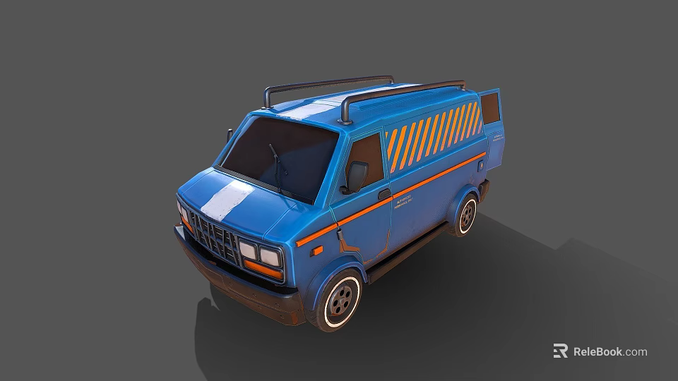 Blue Cargo Van Exterior With Roof Rack And Yellow Black Stripes 3d model 
