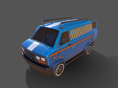 Blue Cargo Van Exterior With Roof Rack And Yellow Black Stripes 3d model