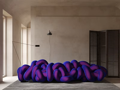 Purple Organic Shaped Sofa In Minimalist Interior With Arch Windows And Floor Lamp 3d model