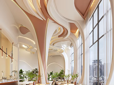 Stylish Restaurant Interior Featuring Curved Ceiling Large Windows City View And Plants 3d model