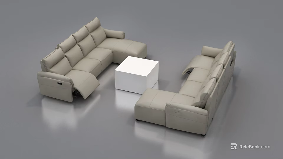 Modern Minimalist Light Gray Leather Sectional Sofa With White Square Coffee Table 3d model