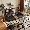 Modern Living Room Interior With Black Leather Sofa Geometric Rug And Green Plants