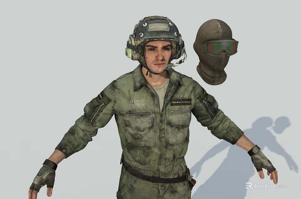 A Man In Green Military Uniform Wearing Tactical Helmet And Protective Goggle With Gloves 3d model 