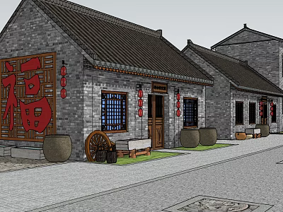 Traditional Chinese Architecture With Tile Roof Red Fu Character Lanterns And Stone Jars 3d model