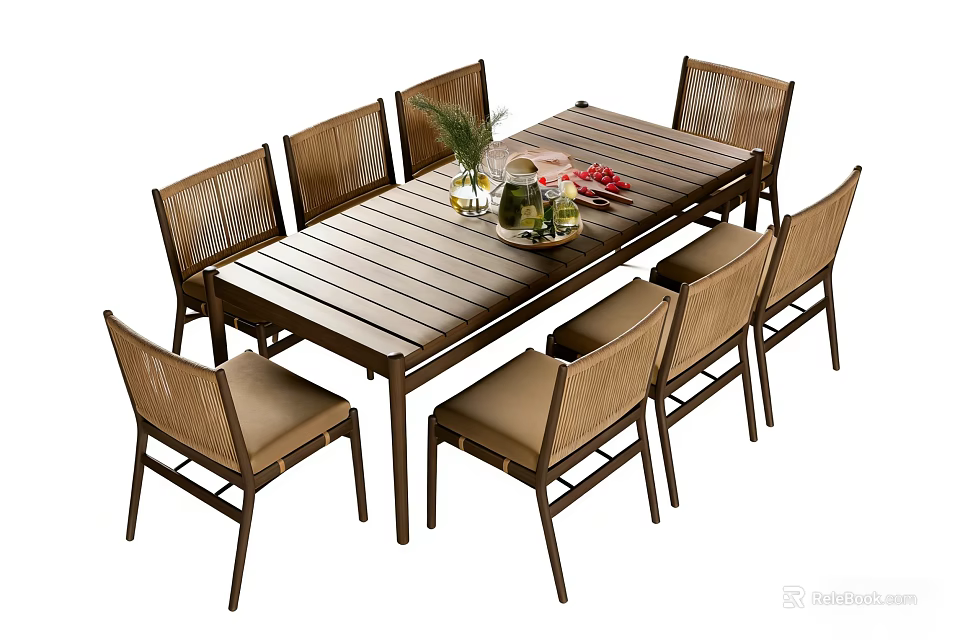 Wooden Outdoor Table with Eight Rattan Chairs and Decorative Centerpieces for Garden Patio 3d model 