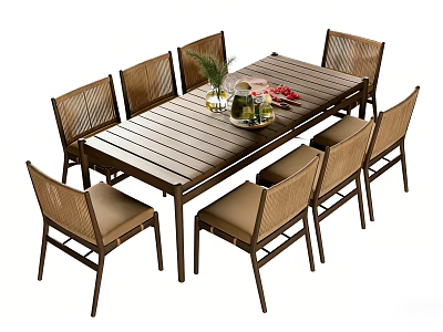 Wooden Outdoor Table with Eight Rattan Chairs and Decorative Centerpieces for Garden Patio 3d model