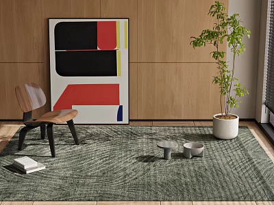 Square Rug In Modern Room With Chair Artwork And Plant 3d model