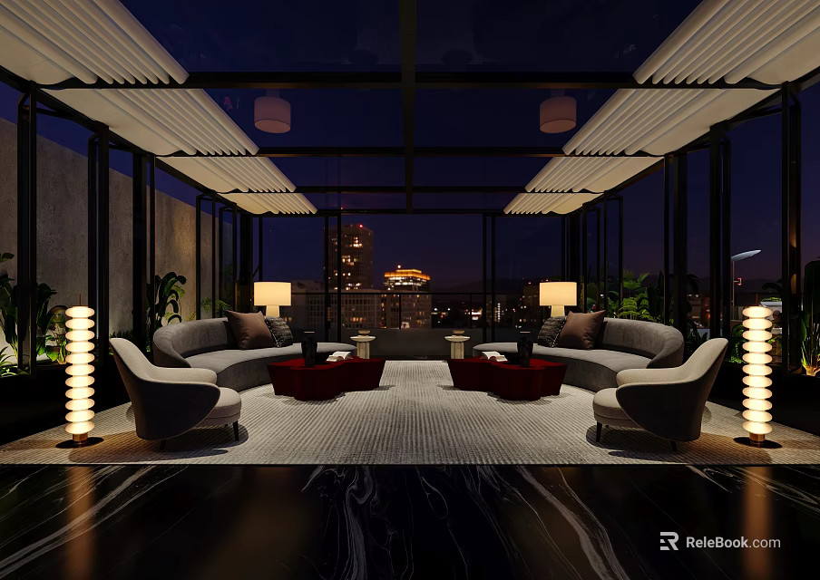 Modern Night Lounge Interior With Gray Sofas Red Ottomans Floor Lamps And City Skyline View 3d model 