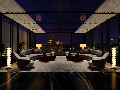 Modern Night Lounge Interior With Gray Sofas Red Ottomans Floor Lamps And City Skyline View 3d model
