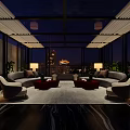Modern Night Lounge Interior With Gray Sofas Red Ottomans Floor Lamps And City Skyline View