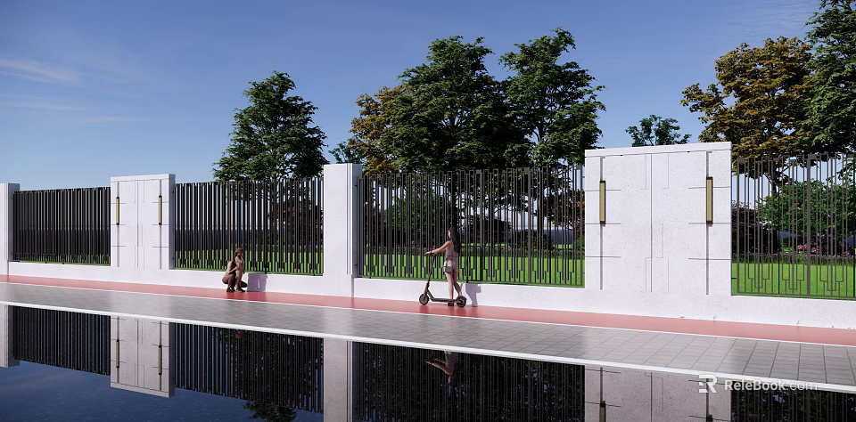 White Scenic Wall With Black Vertical Fences Green Trees People Riding Scooter And Pool Reflection 3d model 