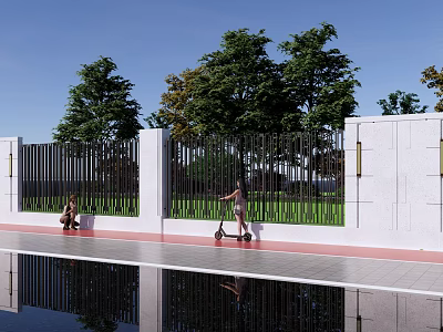 White Scenic Wall With Black Vertical Fences Green Trees People Riding Scooter And Pool Reflection 3d model