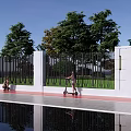 White Scenic Wall With Black Vertical Fences Green Trees People Riding Scooter And Pool Reflection