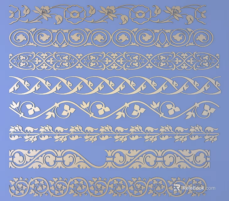 Ornamental Decorative Lines with Curved Leaf and Circular Motifs on Blue Background 3d model 