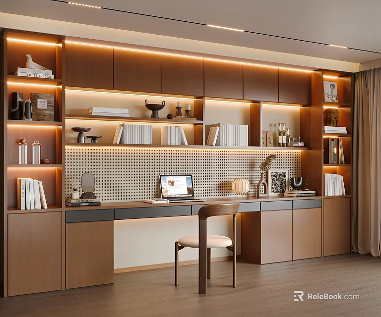 Modern Study Room Interior With Open Shelves Wooden Desk Laptop And Decorative Lighting 3d model 