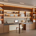 Modern Study Room Interior With Open Shelves Wooden Desk Laptop And Decorative Lighting