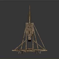 Ancient Medieval Weapon Wooden Catapult With Hanging Arm Stone Projectile And Support Frame