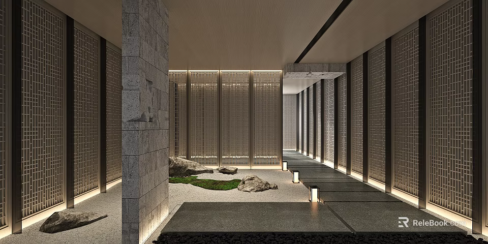 Modern Shop Front Desk Reception With Stone Walls Ambient Lighting And Slate Flooring 3d model 