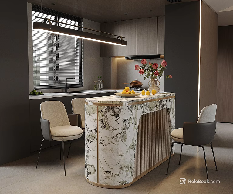 Modern Restaurant Open Kitchen Interior Design With Marble Counter Dining Chairs And Flowers 3d model 