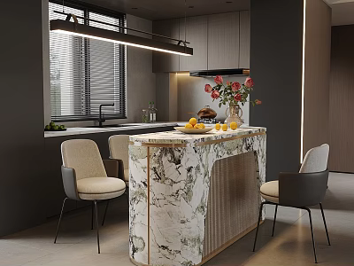 Modern Restaurant Open Kitchen Interior Design With Marble Counter Dining Chairs And Flowers 3d model