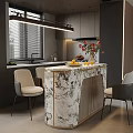 Modern Restaurant Open Kitchen Interior Design With Marble Counter Dining Chairs And Flowers