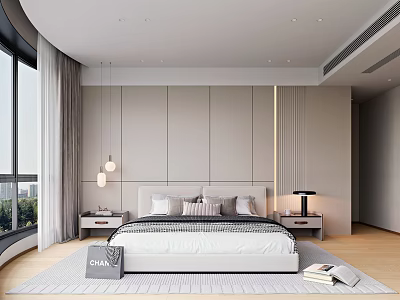 Modern Bedroom Interior with Large Bed Gray Wall Nightstands Table Lamps and Gray Curtains 3d model