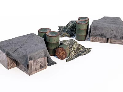 Warehouse Goods Old Wooden Box Iron Drum Gasoline Drum 3d model
