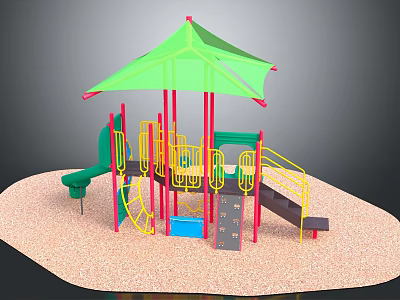 Outdoor Playground Equipment With Green Canopy Red Yellow Structures Slide Ladder And Sandy Ground 3d model