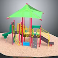 Outdoor Playground Equipment With Green Canopy Red Yellow Structures Slide Ladder And Sandy Ground