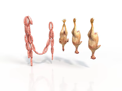 Fresh String of Sausages and Hanging Raw Chicken as Culinary Ingredients on White Background 3d model