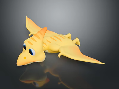 Yellow Pterosaur Toy Figure With Orange Stripes And Big Eyes On Black Surface With Reflection 3d model