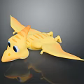 Yellow Pterosaur Toy Figure With Orange Stripes And Big Eyes On Black Surface With Reflection