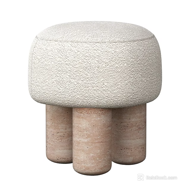 Modern Minimalist Round Stool With Textured Light-Colored Top And Three Cylindrical Stone Legs 3d model 