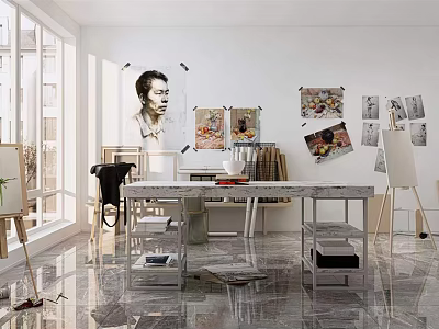 Bright Art And Book Studio With Easels Artworks On Walls Bookshelves And Marble Floors 3d model