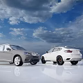 Two White And Silver Cars Parked In Open Field With Blue Sky And Clouds