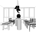 Modern Tea Room Interior With Large Windows Long Wooden Table Green Chairs And Pendant Lights