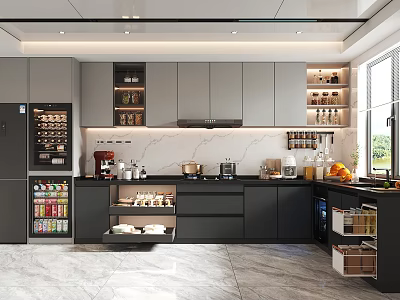 Modern Kitchen Interior With Gray Cabinets Marble Countertops Island And Appliances 3d model