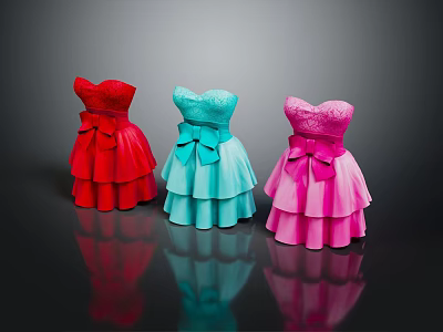 Strapless Layered Dresses With Bow In Red Blue Pink Colors 3d model