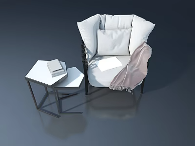 Cozy Modern White Chair With Small Table Books Pillows And Blanket 3d model