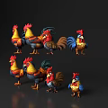 Colorful Flying Animals Roosters in Various Poses with Bright Feather Features