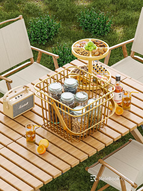 Outdoor Food Display With Metal Basket Glass Jars Cookies Grapes Tray And Wooden Table 3d model 